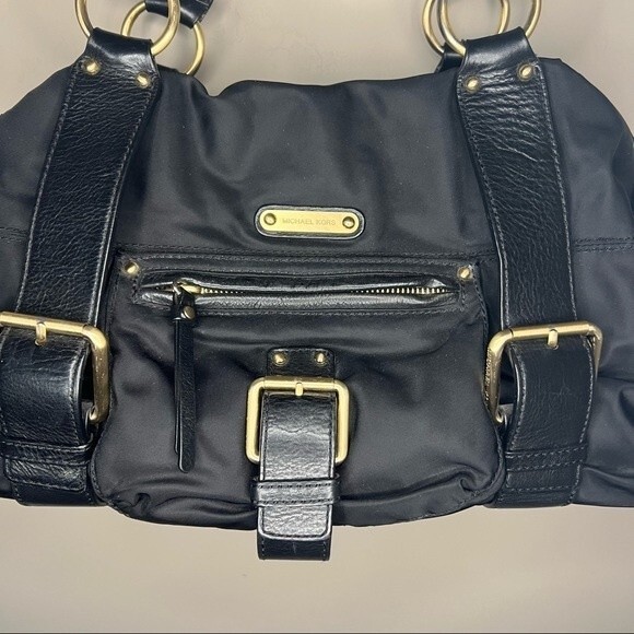 Michael Kors Black Leather & Nylon Shoulder Designer Handbag Purse w/ Dust Bag - Picture 4 of 16